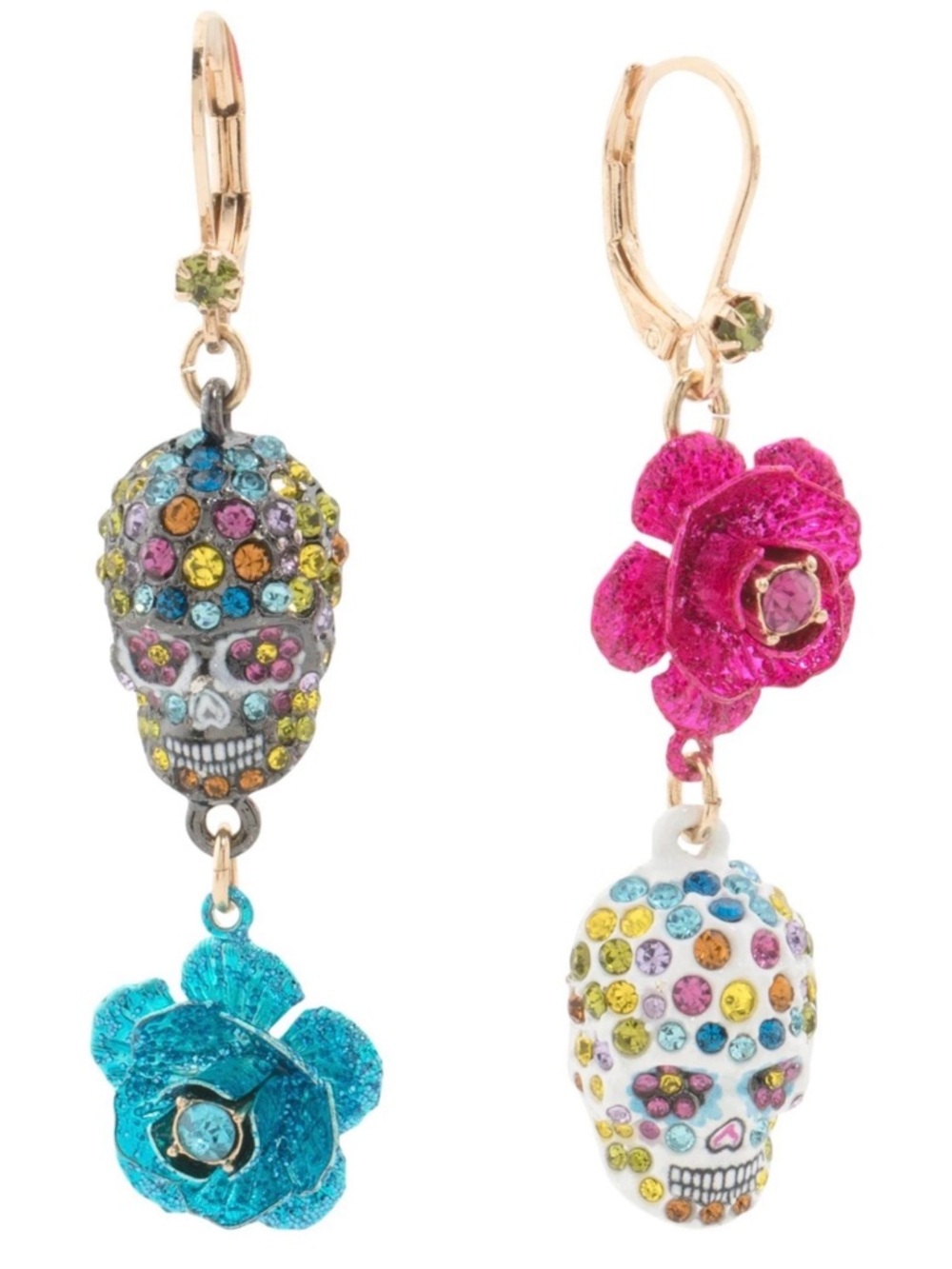 NIB Betsey Johnson Faux Stone Sugar Skull Flower Mismatch Earrings - Picture 4 of 6